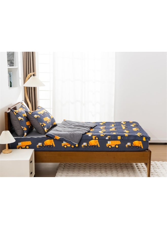 NTBED Construction Truck Printed Zipper Bedding Sets Twin Lightweight Microfiber Car Comforter Sets with Fitted Sheet Pillow Covers, Dark Grey