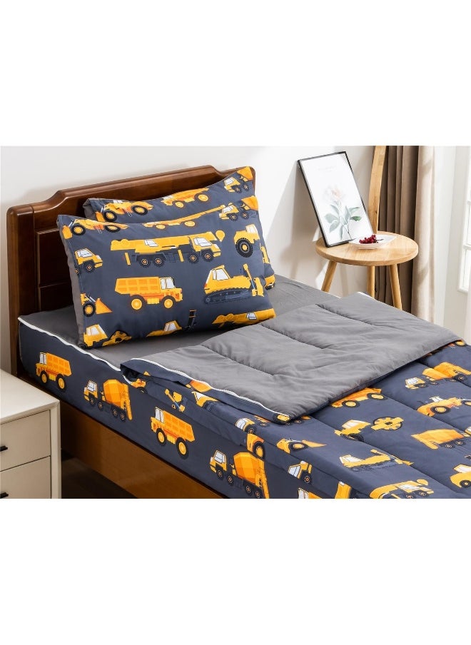 NTBED Construction Truck Printed Zipper Bedding Sets Twin Lightweight Microfiber Car Comforter Sets with Fitted Sheet Pillow Covers, Dark Grey
