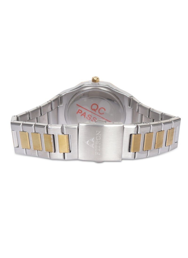 Men's Golden/Silver Wrist Watch with White Dial, Arabic Numbers and Date