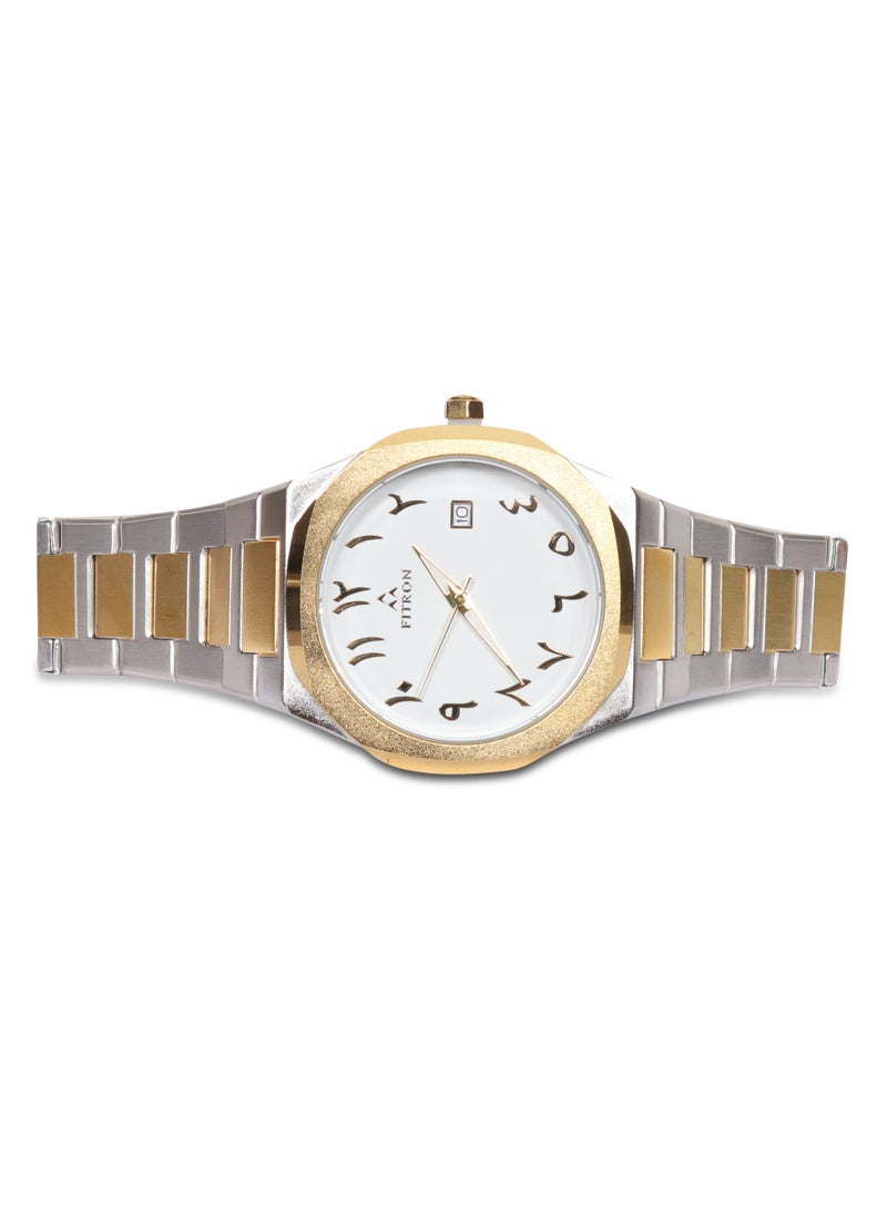 Men's Golden/Silver Wrist Watch with White Dial, Arabic Numbers and Date