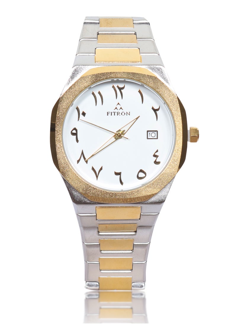 Men's Golden/Silver Wrist Watch with White Dial, Arabic Numbers and Date