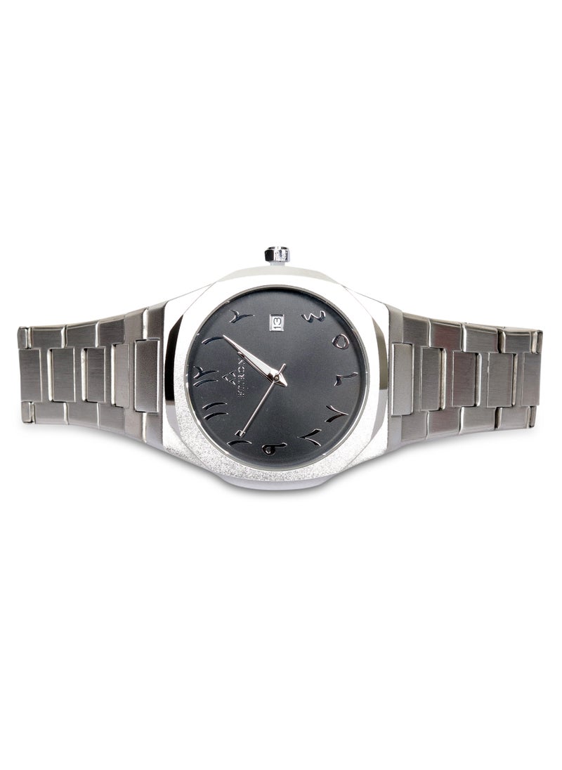 Men's Silver Wrist Watch with Black Dial, Arabic Numbers and Date