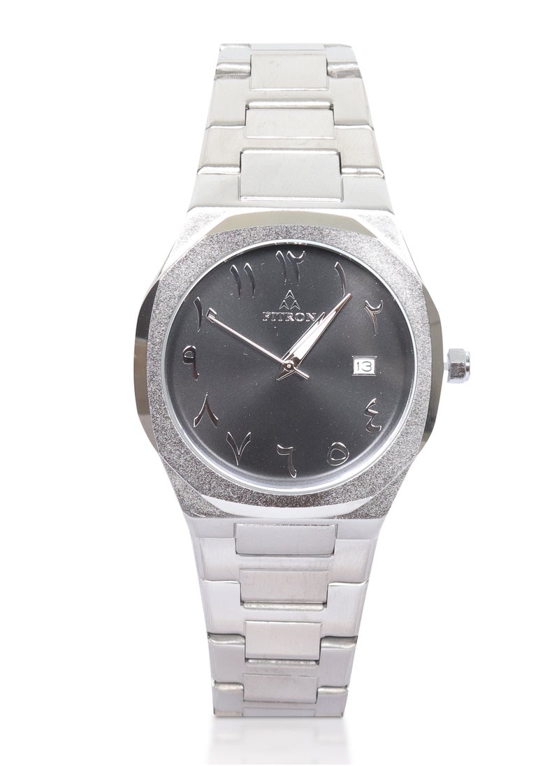Men's Silver Wrist Watch with Black Dial, Arabic Numbers and Date
