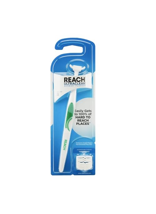 REACH Ultraclean Access Flosser Starter Kit Unflavored Plaque Remover for Teeth for Hard to Reach Areas Oral Care PFAS Free 1 Replaceable Flosser  8 Refill Heads 1 Pack