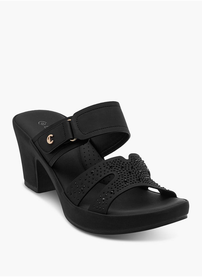Women's Embellished Slip-On Cross Strap Sandals with Block Heels