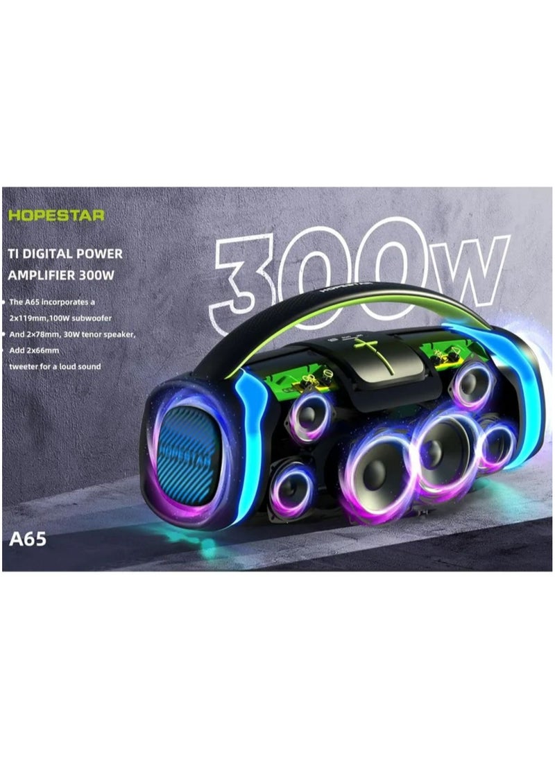 A65 300W Portable Bluetooth Speaker – Big Bass, Karaoke Mic, IPX6 Waterproof, 30000mAh Battery, TWS Stereo, LED Lights & Handle – Perfect for Parties, Camping, and Outdoor Adventures