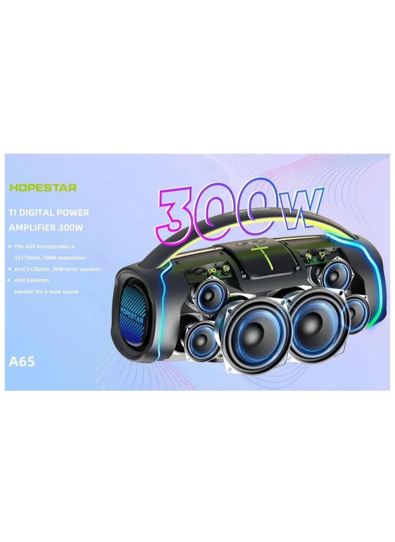 A65 300W Portable Bluetooth Speaker – Big Bass, Karaoke Mic, IPX6 Waterproof, 30000mAh Battery, TWS Stereo, LED Lights & Handle – Perfect for Parties, Camping, and Outdoor Adventures