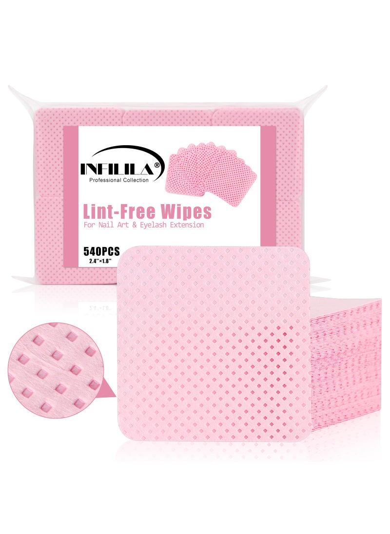 NXJ INFILILA Lint Free Nail Wipes 540 PCS Nail Polish Remover Pads Super Absorbent Soft Lint Free Wipes for Eyelash Extensions NonWoven Nail Wipes for Gel Nails Pink