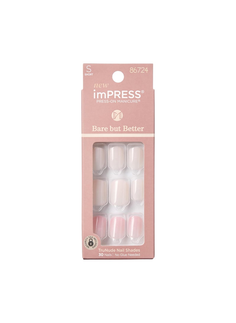 KISS imPRESS No Glue Mani Press On Nails, Bare But Better, 'Effortless Finish', Nude, Short Size, Squoval Shape, Includes 30 Nails, Prep Pad, Instructions Sheet, 1 Manicure Stick, 1 Mini File