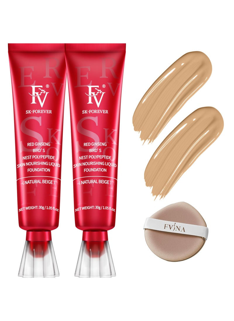 FV 2 Pack Waterproof Foundation, Lightweight & Medium Coverage Foundation with Matte Finish, Oil Control Long Lasting Liquid Foundation Makeup for Oily Normal Skin (Natural Beige, 1.05 fl.oz)
