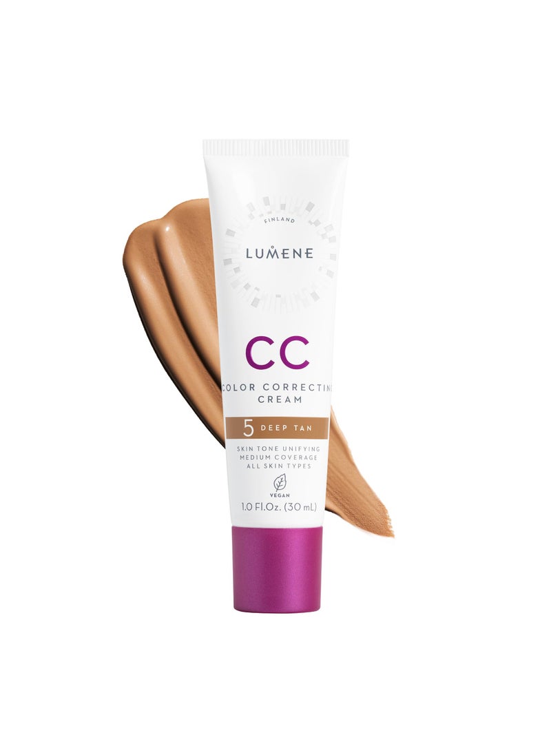 Lumene Color Correcting CC Cream - Lightweight Foundation - Medium Coverage - Redness Reducing Face Makeup for Glowing Complexion - Vegan Formula + Suitable for All Skin Types - Deep Tan (1 fl oz)