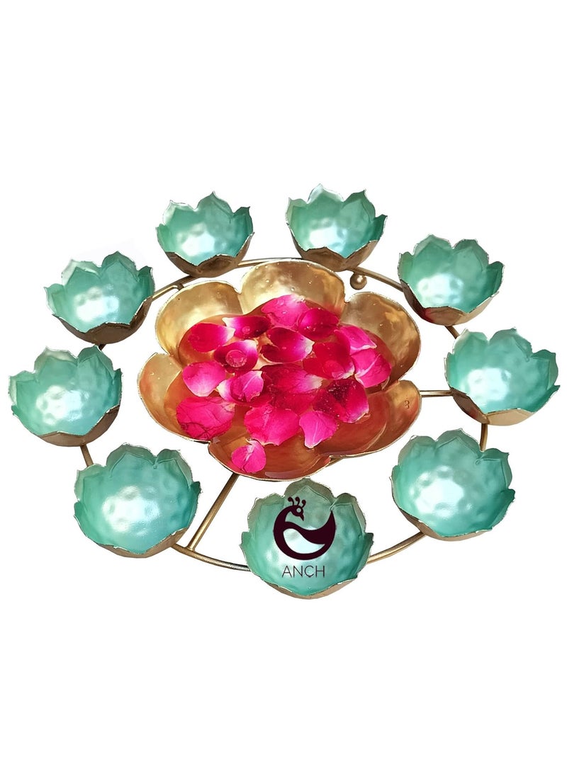 ANCH Round Rangoli 9 Diyas Stand with Mini Urli in The Centre | Home Decor and Festival Decor Urli Show Piece for Floting Flowers | Size - 12In | Traditional Decorative Item - Green