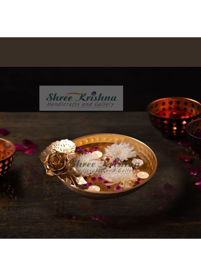 SHREE KRISHNA Handicrafts and Gallery Handcrafted Decorative Rose Flower Border Design Urli Bowl/Candle Festive Home Decor Floater Tealight Holder Set of 1 (14 Inch- Golden)