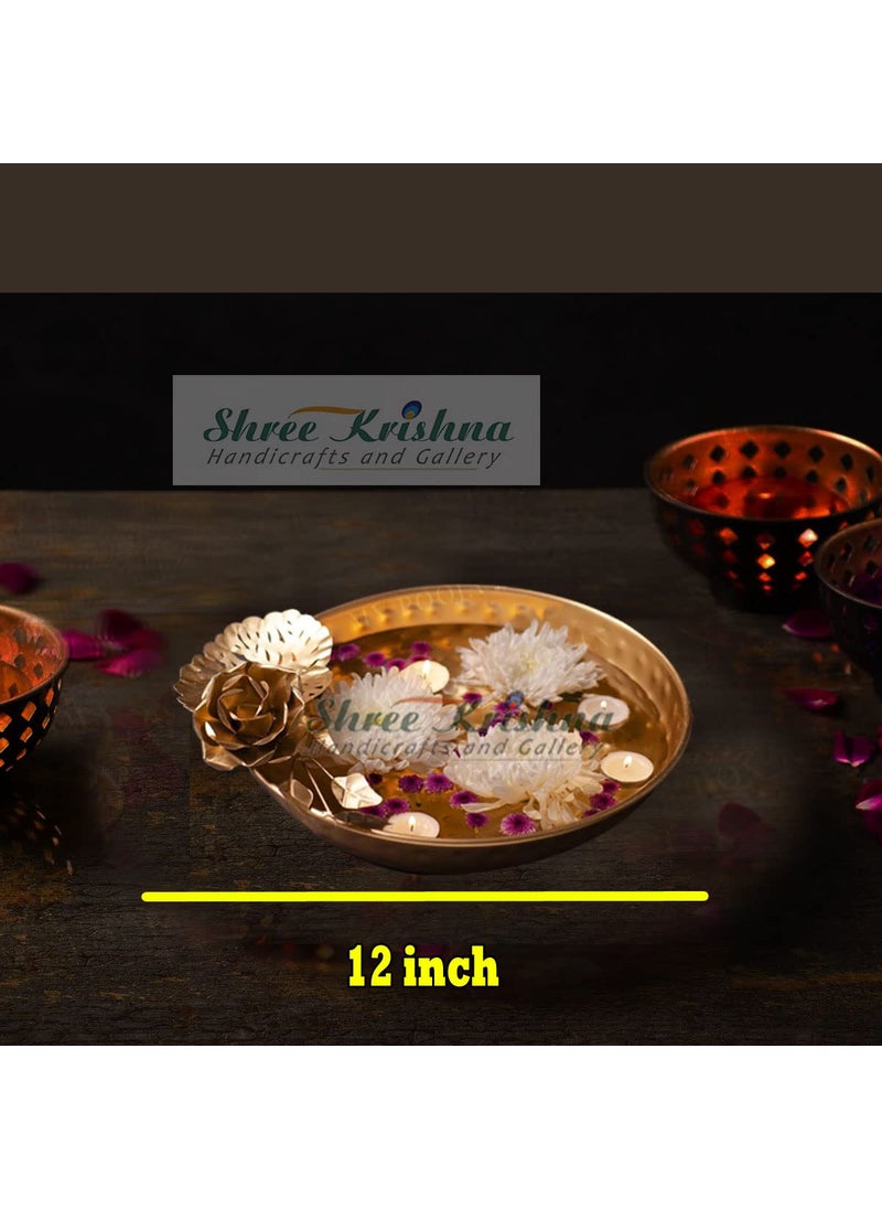 SHREE KRISHNA Handicrafts and Gallery Handcrafted Decorative Rose Flower Border Design Urli Bowl/Candle Festive Home Decor Floater Tealight Holder Set of 1 (14 Inch- Golden)