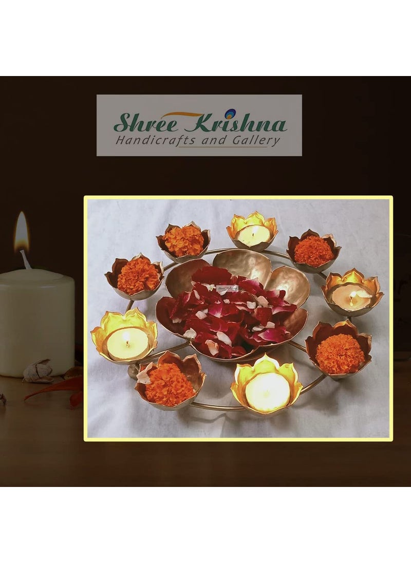 Shree Krishna Handicrafts and Gallery Home Decor Combo Set of 4 - Lotus Shape Urli Bowl Rangoli/Tealight Holder Set of 1(12 Inch) + Taj Design Urli Bowl Set of 3(14,12,10 Inch)
