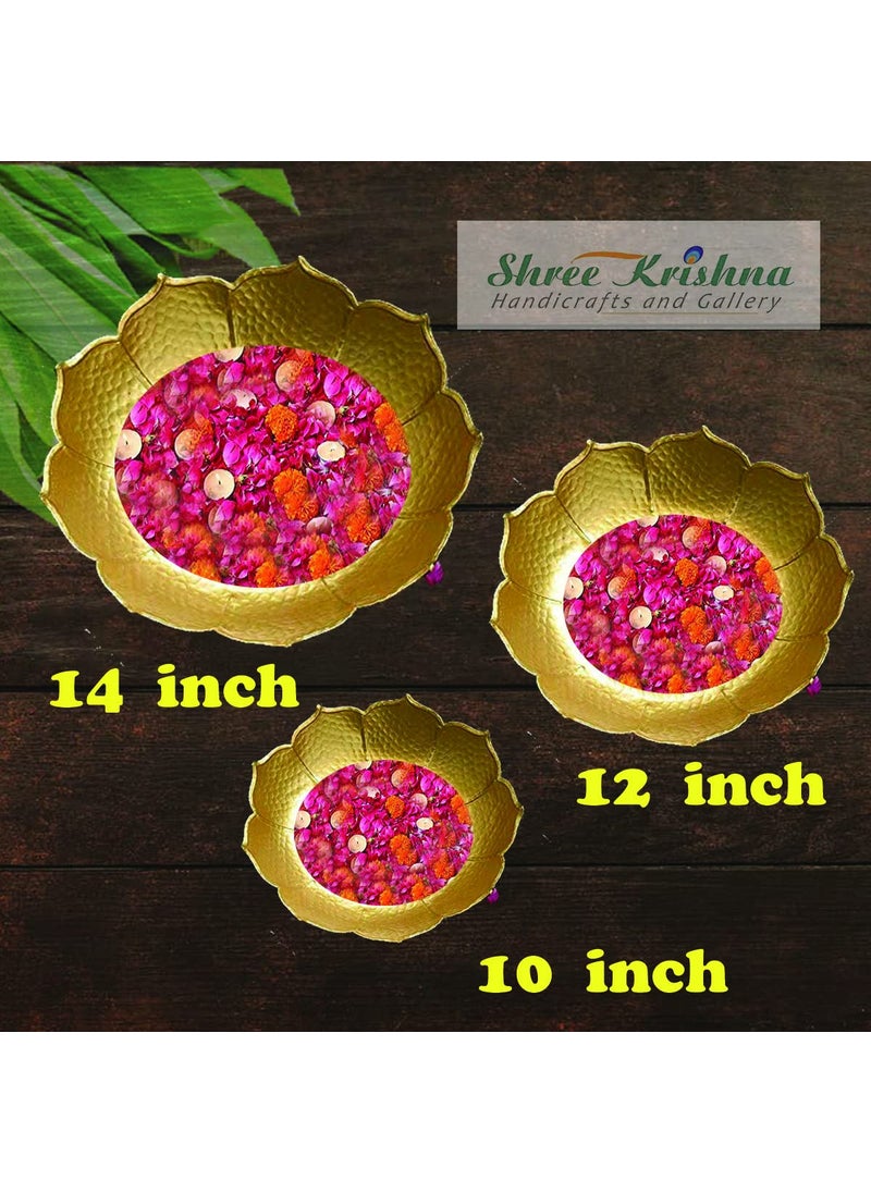 Shree Krishna Handicrafts and Gallery Home Decor Combo Set of 4 - Lotus Shape Urli Bowl Rangoli/Tealight Holder Set of 1(12 Inch) + Taj Design Urli Bowl Set of 3(14,12,10 Inch)