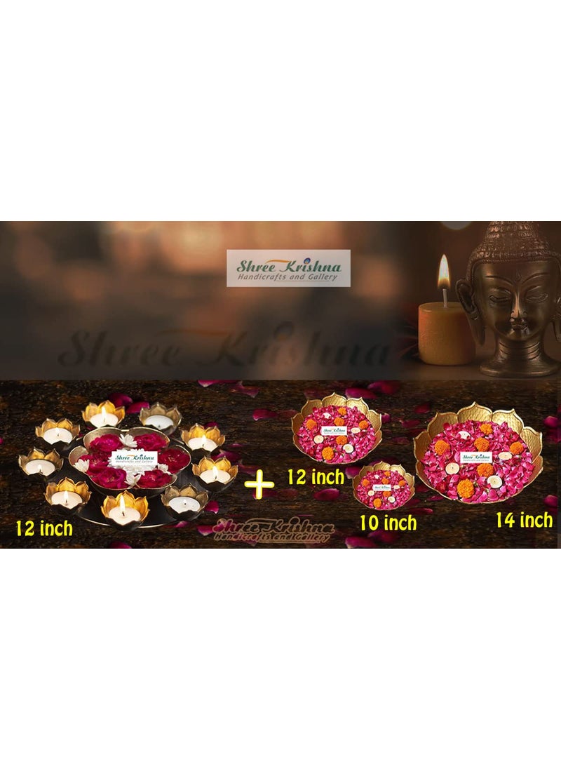 Shree Krishna Handicrafts and Gallery Home Decor Combo Set of 4 - Lotus Shape Urli Bowl Rangoli/Tealight Holder Set of 1(12 Inch) + Taj Design Urli Bowl Set of 3(14,12,10 Inch)