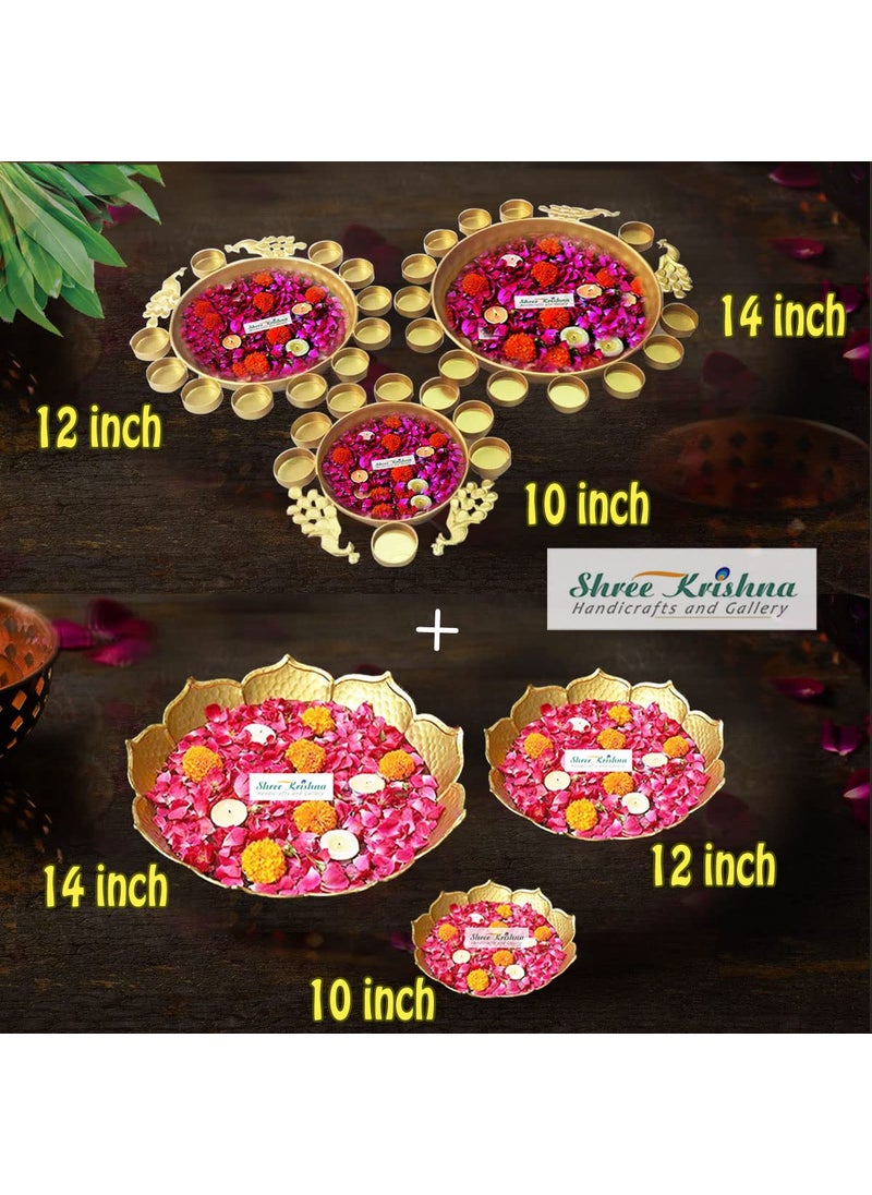 Shree Krishna Handicrafts and Gallery Combos Set of 6 -Peacock Border Design Urli Bowl Set of 3(14,12,10 Inch) + Taj Urli Bowl Festive Home Decor -Set of 3(14,12,10 Inch)
