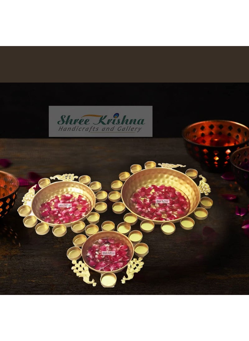 Shree Krishna Handicrafts and Gallery Combos Set of 6 -Peacock Border Design Urli Bowl Set of 3(14,12,10 Inch) + Taj Urli Bowl Festive Home Decor -Set of 3(14,12,10 Inch)