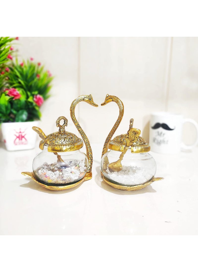 KridayKraft Metal Kissing Duck Transparent Glass Bowl with Spoon Set of 2 pcs for Saunf Supari Tray,Dry Fruit and Candy for Home & Offce Table Decoration Animal Showpiece Serving Bowl Set...