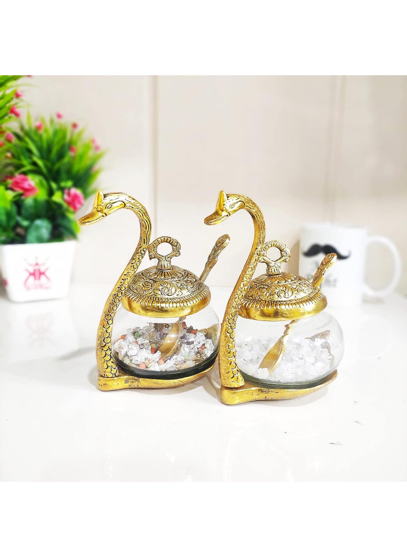 KridayKraft Metal Kissing Duck Transparent Glass Bowl with Spoon Set of 2 pcs for Saunf Supari Tray,Dry Fruit and Candy for Home & Offce Table Decoration Animal Showpiece Serving Bowl Set...