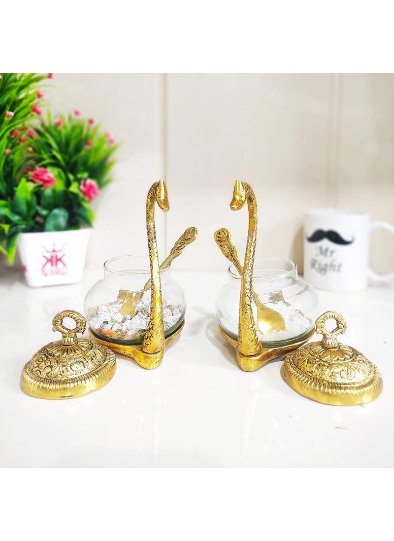 KridayKraft Metal Kissing Duck Transparent Glass Bowl with Spoon Set of 2 pcs for Saunf Supari Tray,Dry Fruit and Candy for Home & Offce Table Decoration Animal Showpiece Serving Bowl Set...