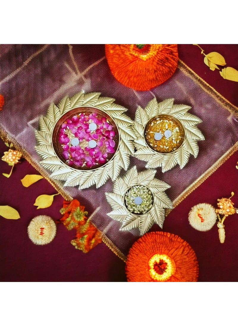 ANCH Beautiful Leaf Design Urli Set of 3Pcs for Floating Flowers or Candles | Traditional Decorative Item for Home, Office or Wedding | Golden, Urli Size (12, 15 & 19 in)