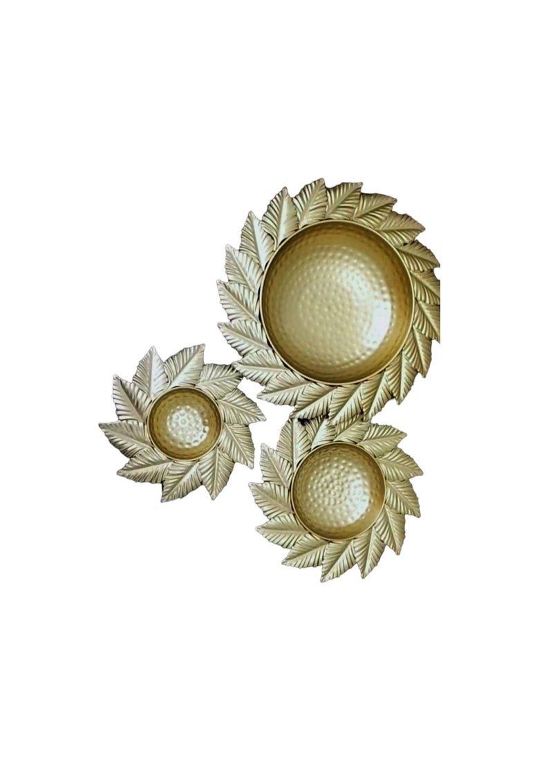 ANCH Beautiful Leaf Design Urli Set of 3Pcs for Floating Flowers or Candles | Traditional Decorative Item for Home, Office or Wedding | Golden, Urli Size (12, 15 & 19 in)
