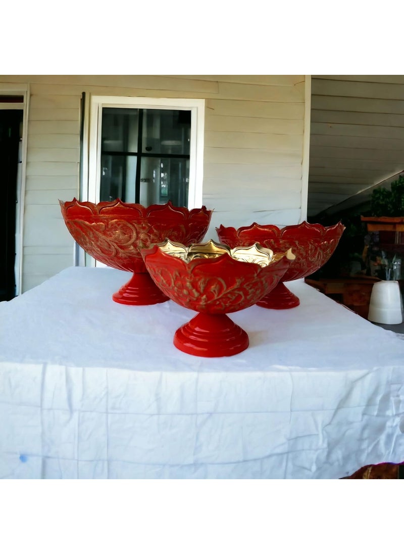 ANCH Taj Urli Bowl with Stand Set of 3Pcs for Floating Flowers or Candles | Traditional Decorative Item for Home, Office or Wedding | Red, 3Pcs Urli Size (8, 10 & 12 in)