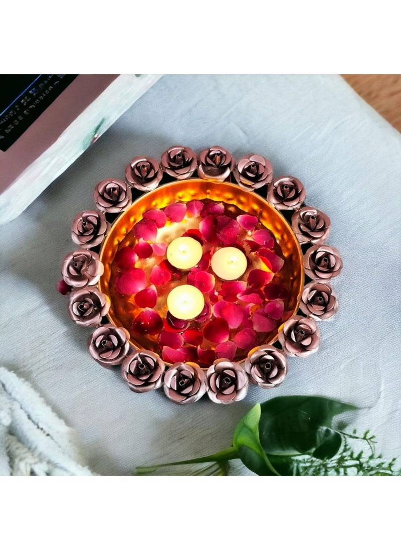 ANCH Rose Border Designed Urli Bowl with 3 Floating Tea Light Candles | Traditional Decorative Item for Home, Office or Wedding | Pink, Urli Size (12In)