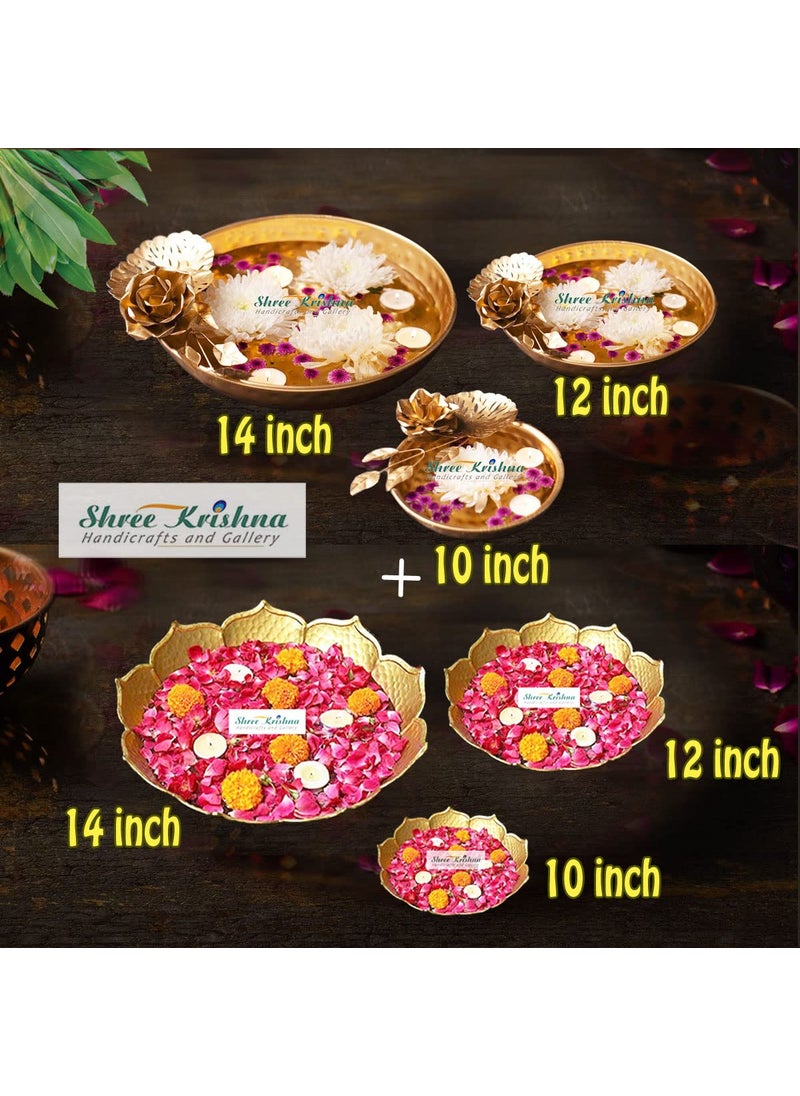 Shree Krishna Handicrafts and Gallery Combos Set of 6 -Decorative Golden Rose Flower Border Design Urli Bowl -Set of 3(14,12,10 Inch)+ Taj Urli Bowl Festive Home Decor -Set of 3(14,12,10 Inch)
