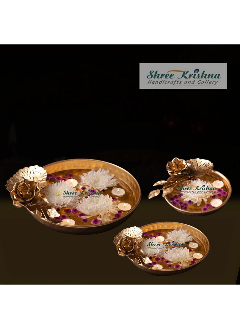 Shree Krishna Handicrafts and Gallery Combos Set of 6 -Decorative Golden Rose Flower Border Design Urli Bowl -Set of 3(14,12,10 Inch)+ Taj Urli Bowl Festive Home Decor -Set of 3(14,12,10 Inch)