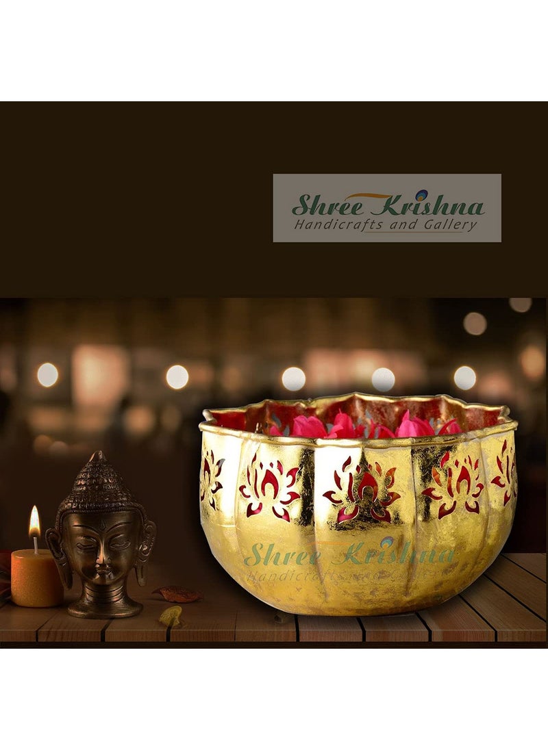 Shree Krishna Handicrafts and Gallery Combo Set of 4 - Lotus Urli Bowl Decor for Diwali, Home,Office - (10 Inch)+Laser Cut Lotus Flower Design Tealight/Candle Holder Size(16,14,12) inches-Set of 3