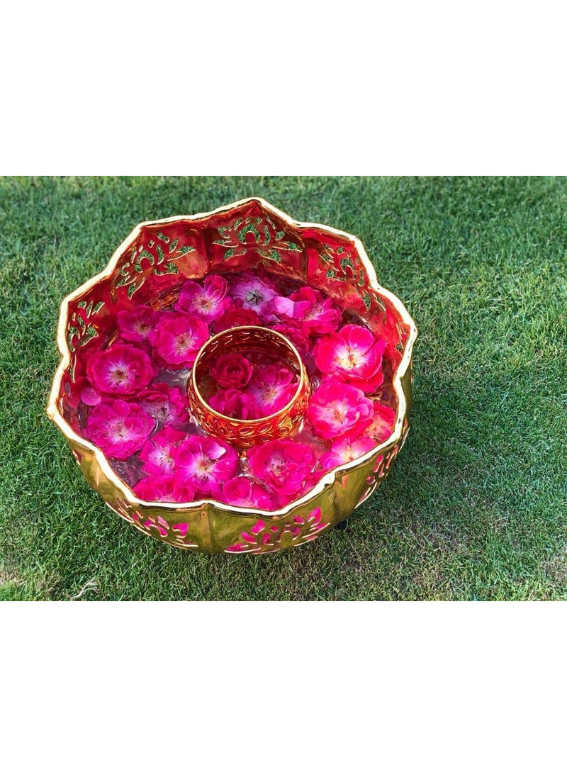Shree Krishna Handicrafts and Gallery Combo Set of 4 - Lotus Urli Bowl Decor for Diwali, Home,Office - (10 Inch)+Laser Cut Lotus Flower Design Tealight/Candle Holder Size(16,14,12) inches-Set of 3