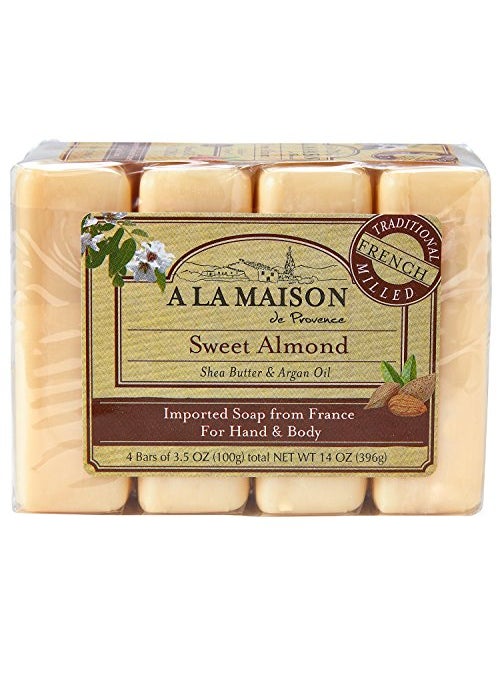 A LA MAISON Sweet Almond Bar Soap - Triple French Milled Unscented Natural Moisturizing Hand Soap Bar (4 Bars of Soap, 3.5 oz)