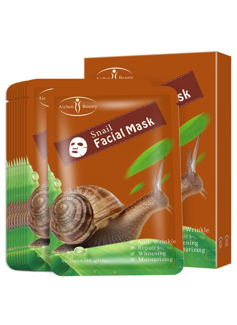 AICHUN BEAUTY Facial Mask Repair Essence Anti-Acne Refreshing Relieve Wrinkles Long-Lasting Soothing Face Skin Care Hydrating Moisturizing 10pcs (SNAIL)