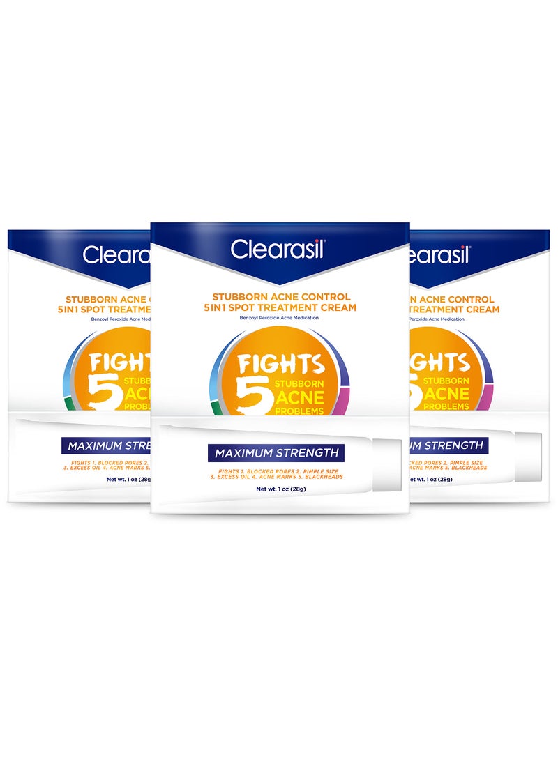 Clearasil Stubborn Acne Control 5-in-1 Spot Treatment Cream with Benzoyl Peroxide Acne Medication to Clear Acne, 1 Ounce (Pack of 3)