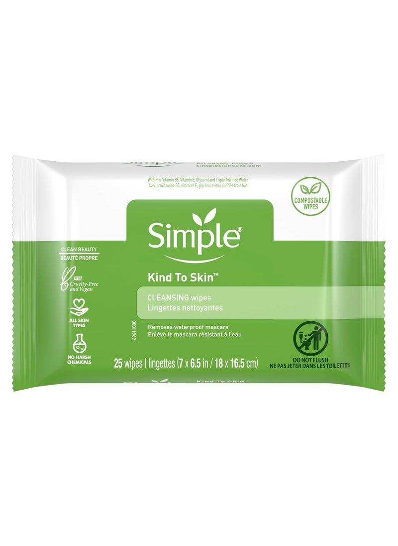 Simple Kind to Skin Facial Wipes Gentle and Effective Makeup Remover Cleansing Free from color and dye artificial perfume and harsh chemicals 25 Wipes