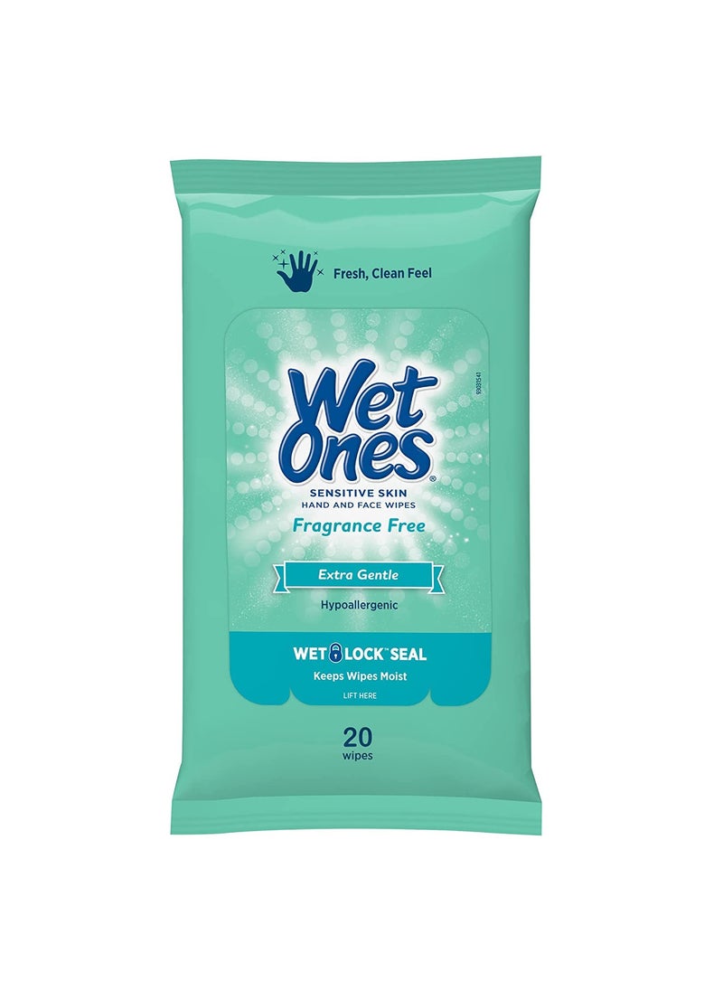 Wet Ones Wipes for Hands & Face, 20 Count Travel Pack (Pack of 5) 100 Wipes Total (Sensitive)