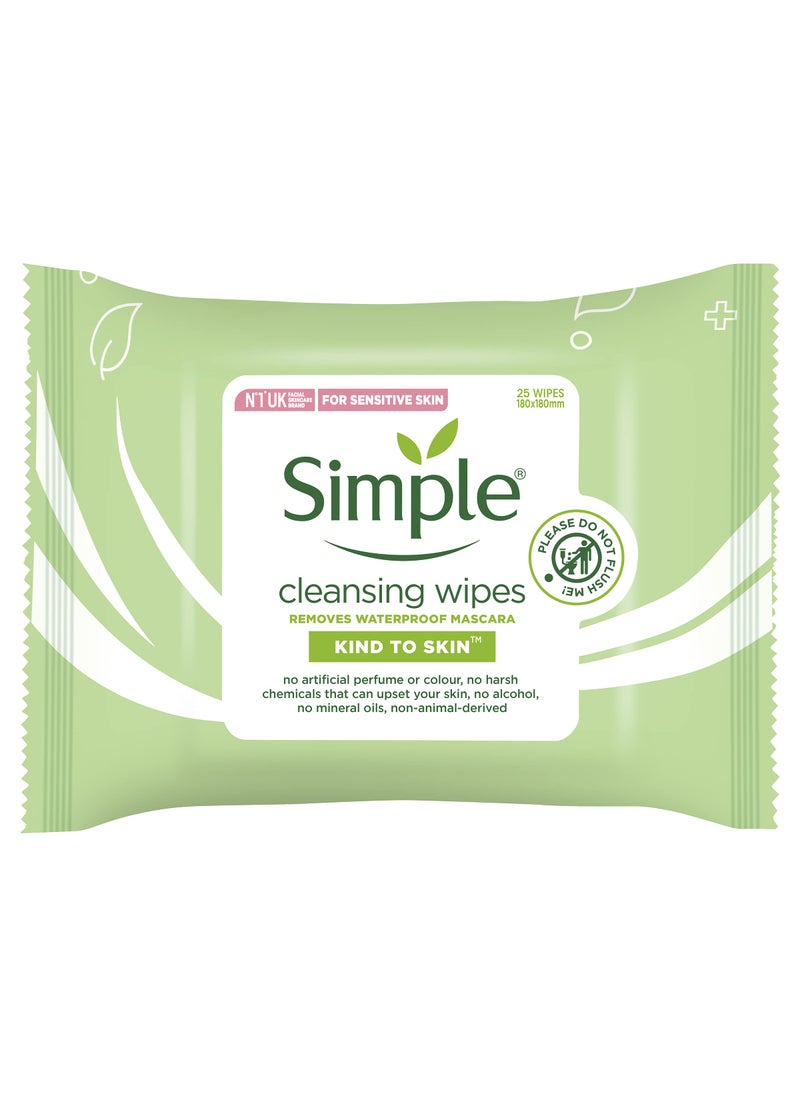 Simple Sensitive Skin Experts Kind To Skin Cleansing Facial Wipes, Waterproof Mascara Remover, Even Softer, 25 Count, (4 Pack)
