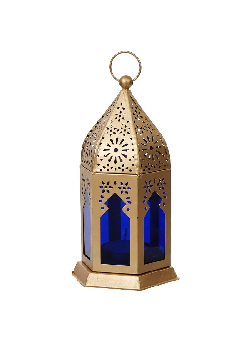 Webelkart Premium Moroccan Gold, Blue Color Metal Iron Lantern Tea Light Holder with Free Tealight Candle Holder for Home | Tealight Candle Holders for Diwali Decoration