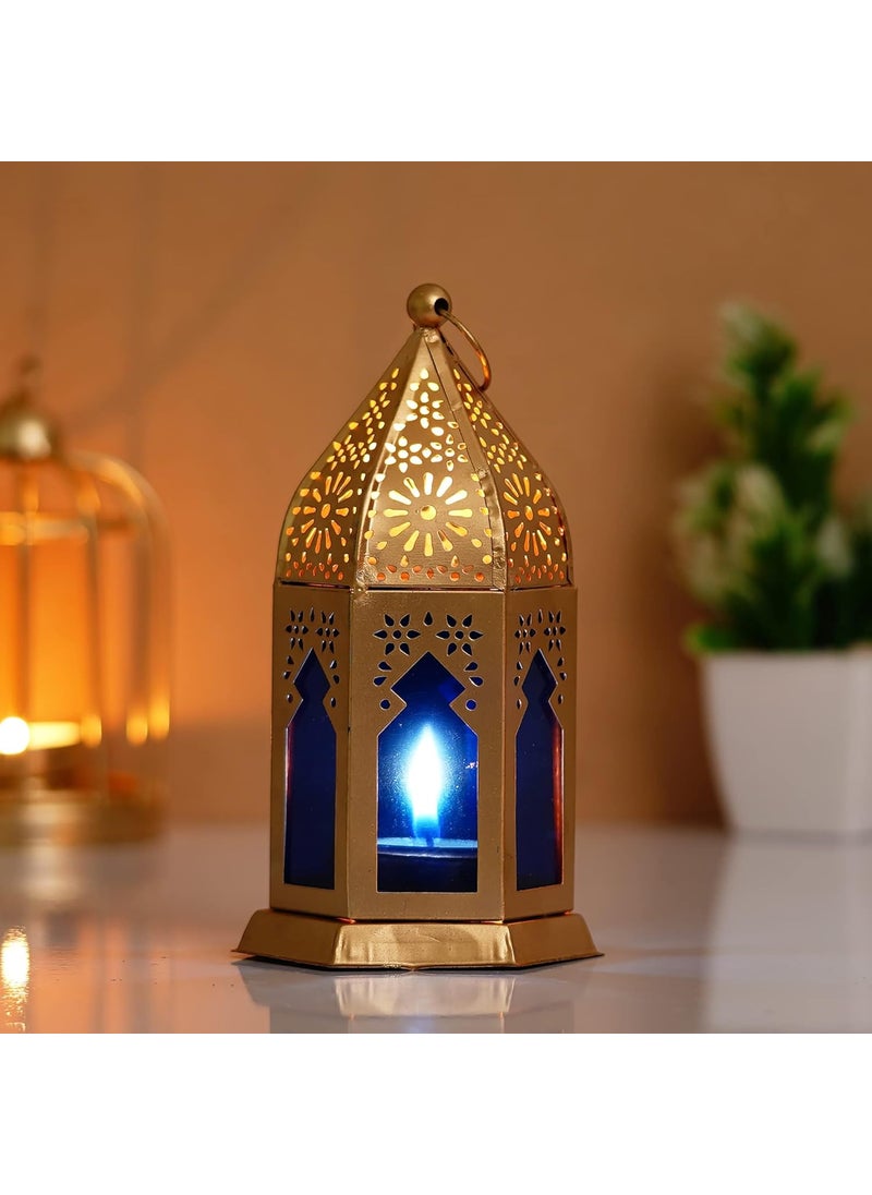 Webelkart Premium Moroccan Gold, Blue Color Metal Iron Lantern Tea Light Holder with Free Tealight Candle Holder for Home | Tealight Candle Holders for Diwali Decoration