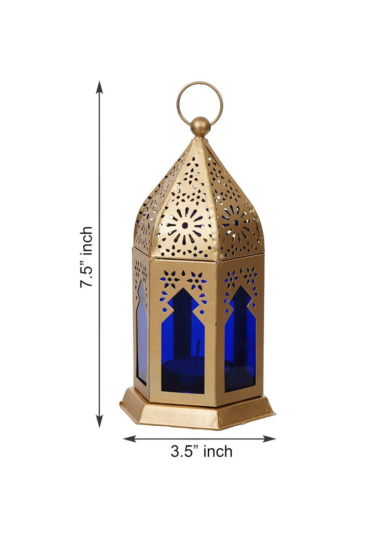 Webelkart Premium Moroccan Gold, Blue Color Metal Iron Lantern Tea Light Holder with Free Tealight Candle Holder for Home | Tealight Candle Holders for Diwali Decoration