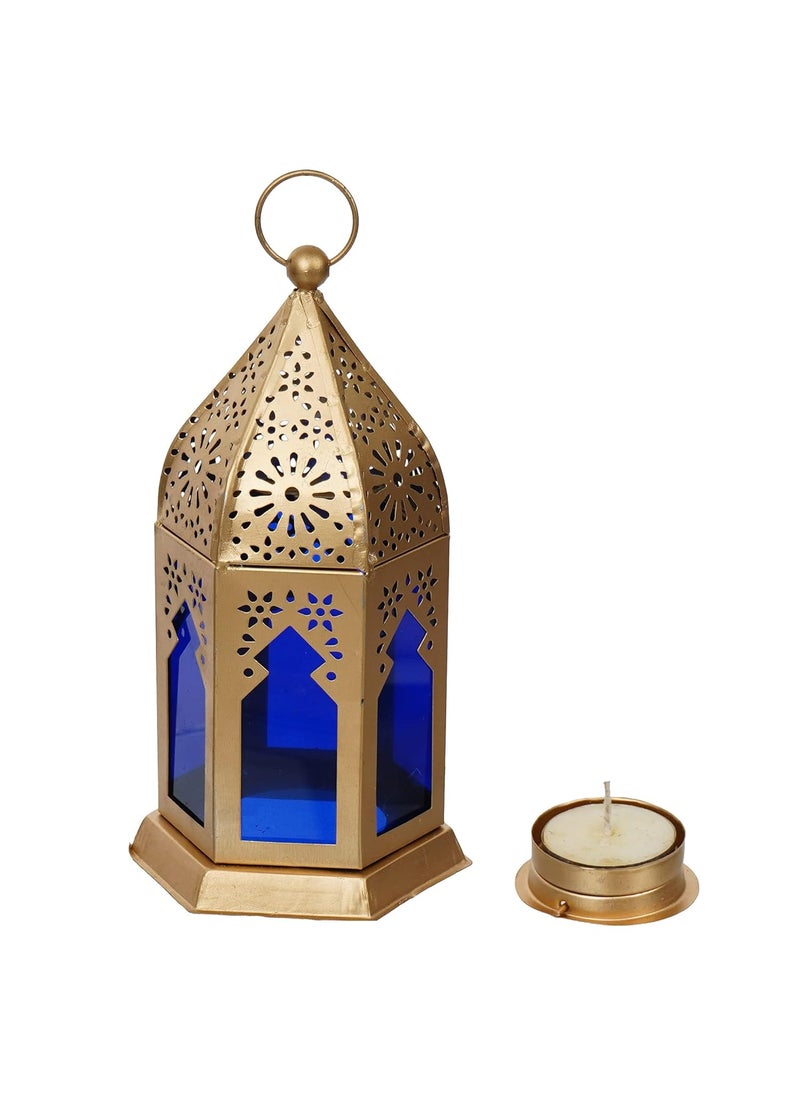 Webelkart Premium Moroccan Gold, Blue Color Metal Iron Lantern Tea Light Holder with Free Tealight Candle Holder for Home | Tealight Candle Holders for Diwali Decoration
