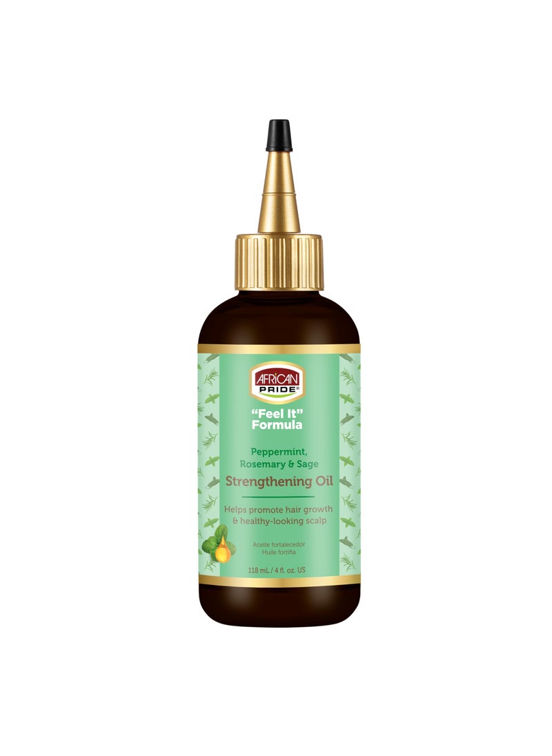 African Pride Feel-It Formula Strengthening Oil with Rosemary Oil, Peppermint Oil and Sage - Helps Promote Hair Growth, Nourishing Treatment for Split Ends and Dry Scalp for All Hair Types, 4 fl oz.