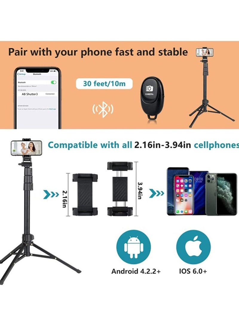 142cm Extendable Tripod Stand with Bluetooth Remote for iPhone Android Phone, Universal Phone Clip, Heavy Duty Aluminum, Compatible with Small Camera (Black)