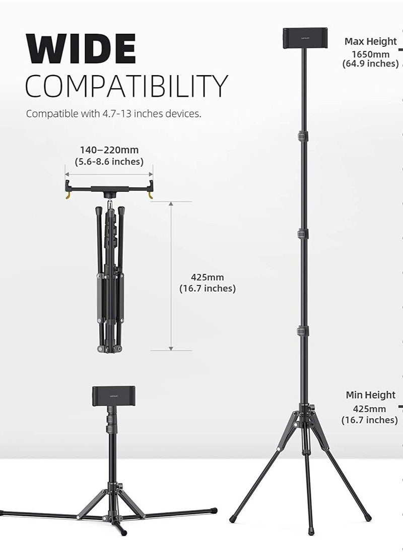 Tablet Floor Tripod Stand - 64.9 Tablet Holder Mount with Adjustable Height for Stream/Watching with Bluetooth Remote, for iPad Pro 12.9, Mini, Air