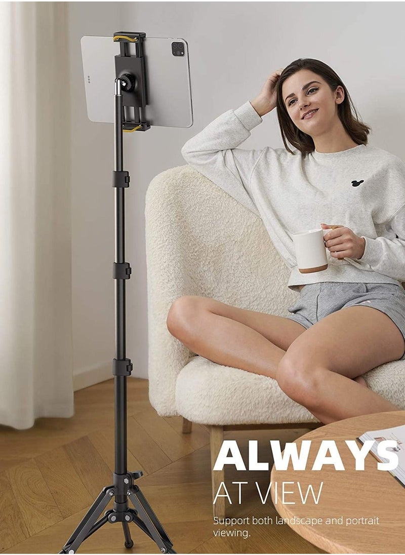 Tablet Floor Tripod Stand - 64.9 Tablet Holder Mount with Adjustable Height for Stream/Watching with Bluetooth Remote, for iPad Pro 12.9, Mini, Air
