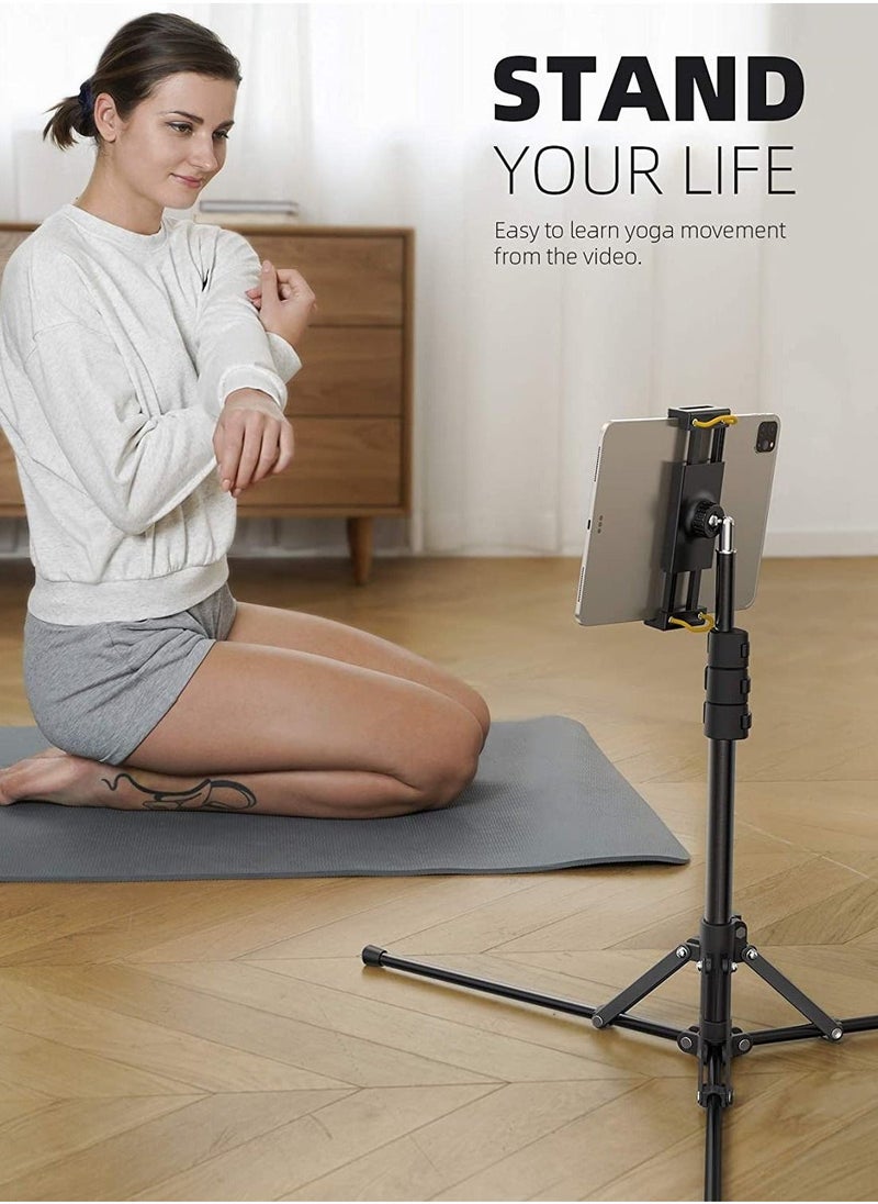 Tablet Floor Tripod Stand - 64.9 Tablet Holder Mount with Adjustable Height for Stream/Watching with Bluetooth Remote, for iPad Pro 12.9, Mini, Air