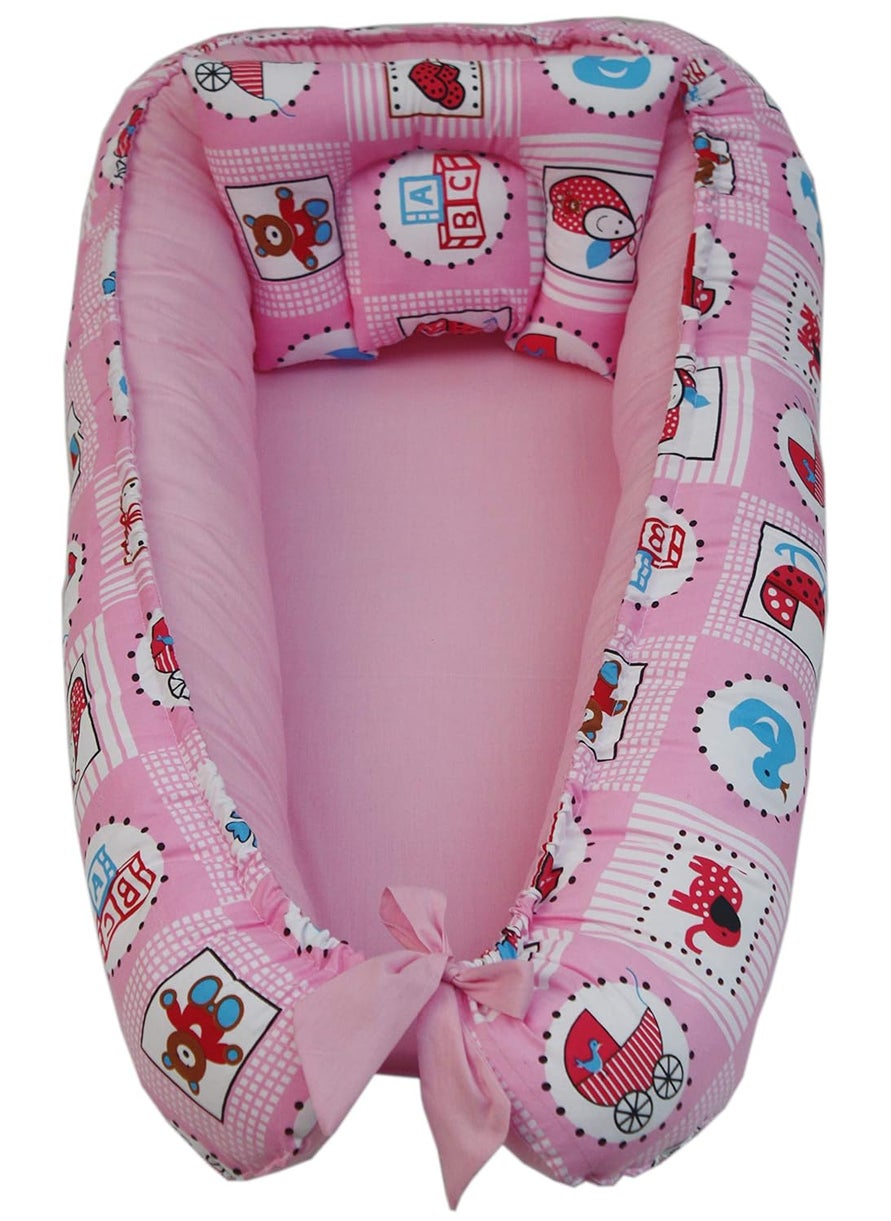 KooKyKooby Super Soft Baby Bedding with Pillow with Side Guard Reversible Cartoon Prints (Pink246)